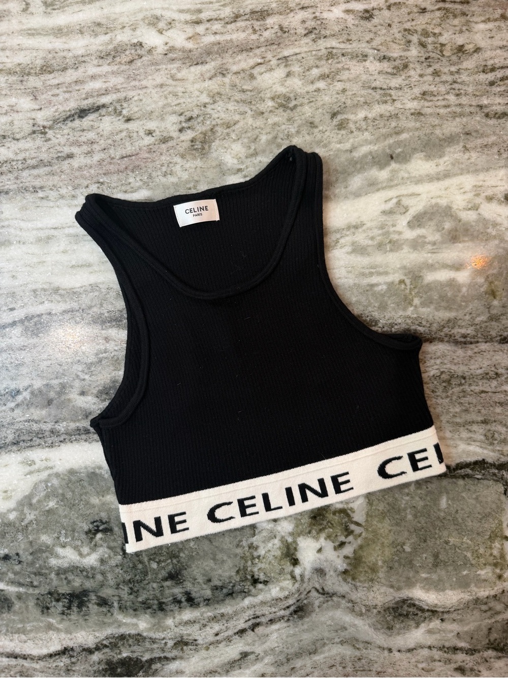 Celine Black Ribbed Knit Crop Tank with White Logo Band 
100% Wool